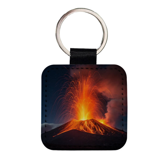 Volcano Erupting At Night Square Faux Leather Keychain