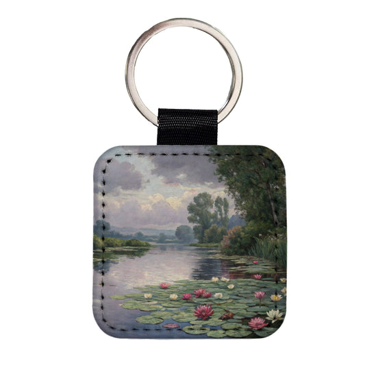 Water Lilies By Claude Monet Inspired Square Faux Leather Keychain