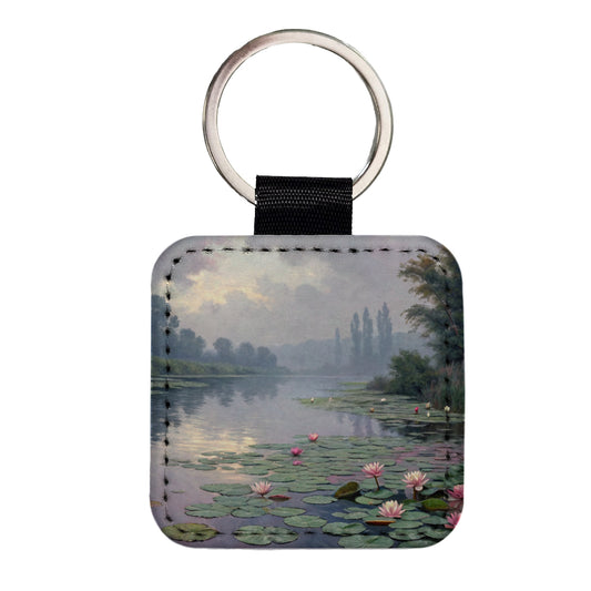 Water Lilies Inspired By Claude Monet Beautiful Square Faux Leather Keychain