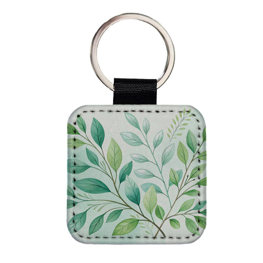 Watercolor Green Leaves And Branches Minimalist Square Faux Leather Keychain