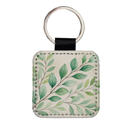 Watercolor Green Leaves And Branches Square Faux Leather Keychain