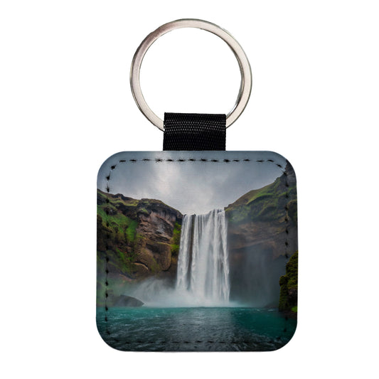 Waterfall Beautiful Square Faux Leather Keychain