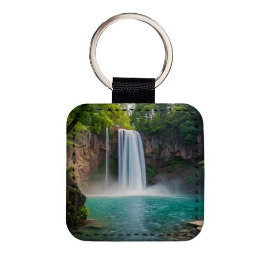 Waterfalls Stunning Square Faux Leather Keychain