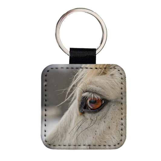 White Horse Eye Close Up Square Faux Leather Keychain