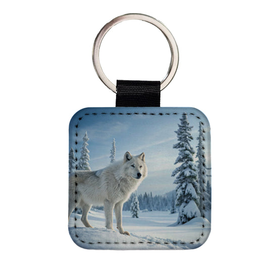 Wolf In Snow Scene Beautiful Square Faux Leather Keychain