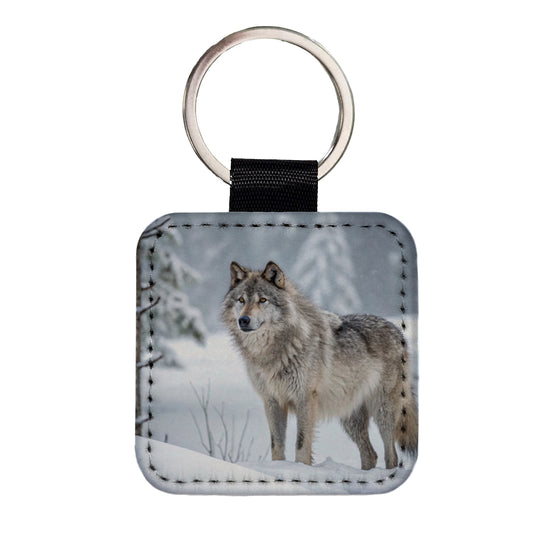 Wolf In Snow Scene Stunning Square Faux Leather Keychain