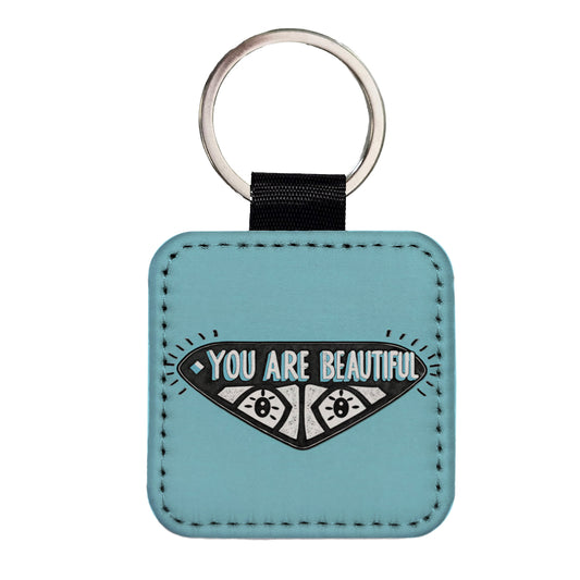 You Are Beautiful Blue Square Faux Leather Keychain