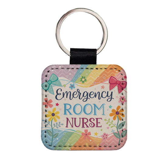 Emergency Room Nurse Appreciation Coquette Bows Flowers Square Faux Leather Keychain