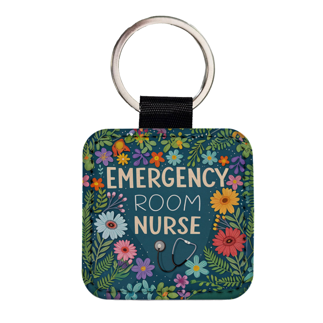 Emergency Room Nurse Appreciation Stethoscope Flowers Square Faux Leather Keychain