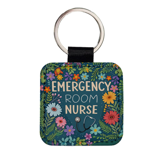 Emergency Room Nurse Appreciation Stethoscope Flowers Square Faux Leather Keychain