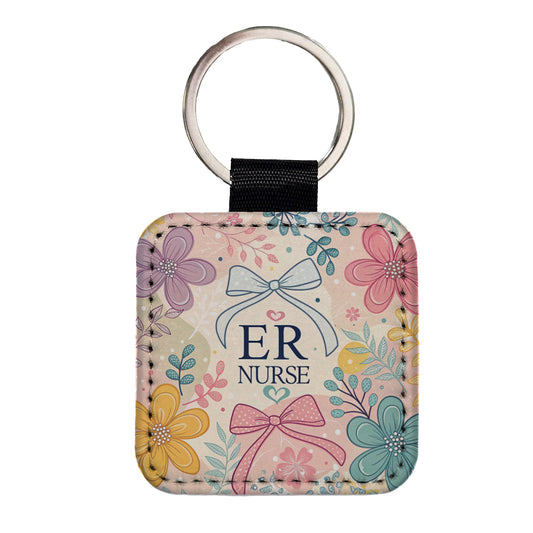 ER Emergency Room Nurse Appreciation Coquette Bows Flowers Square Faux Leather Keychain