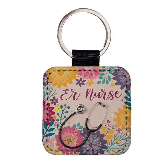 ER Emergency Room Nurse Appreciation Stethoscope Flowers Square Faux Leather Keychain
