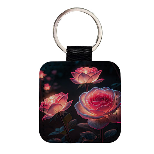 Glowing Pink Roses Beautiful Flowers Square Faux Leather Keychain