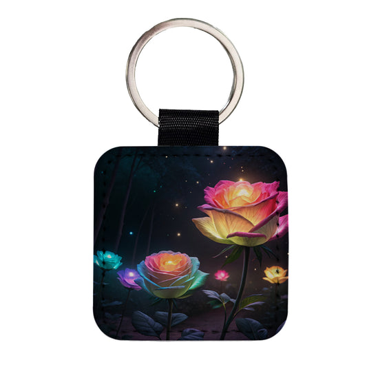 Glowing Roses Beautiful Flowers Square Faux Leather Keychain