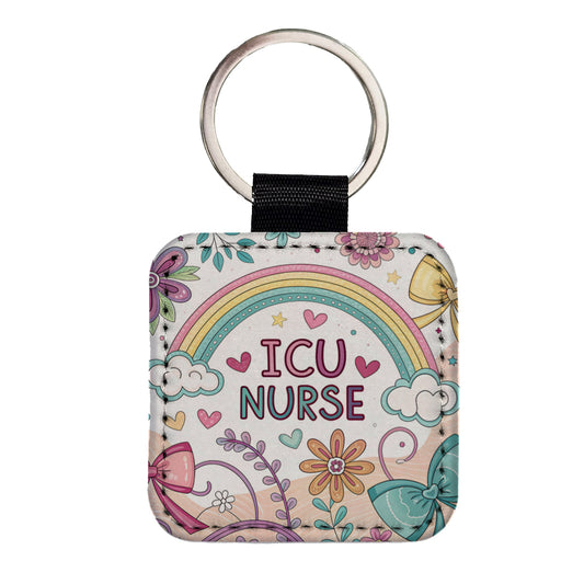 ICU Nurse Appreciation Coquette Bows Flowers Square Faux Leather Keychain
