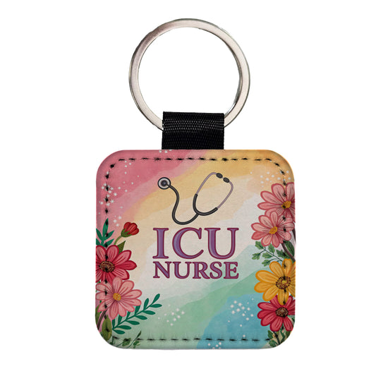 ICU Nurse Appreciation Stethoscope Flowers Floral Square Faux Leather Keychain