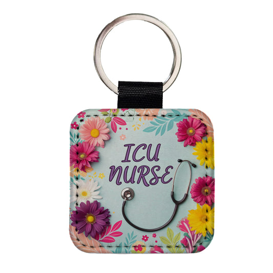 ICU Nurse Appreciation Stethoscope Flowers Square Faux Leather Keychain