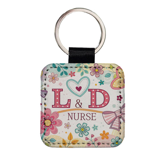 L & D Labor And Delivery Nurse Appreciation Coquette Bows Flowers Square Faux Leather Keychain