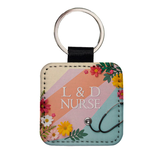 L & D Labor And Delivery Nurse Appreciation Stethoscope Flowers Square Faux Leather Keychain