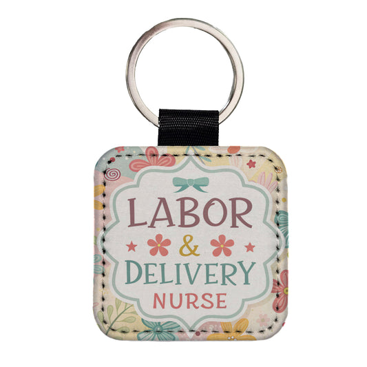 Labor & Delivery Nurse Appreciation Coquette Bows Flowers Square Faux Leather Keychain