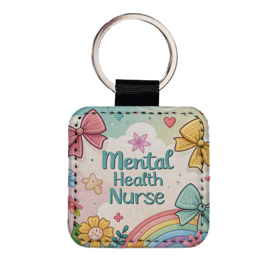 Mental Health Nurse Appreciation Coquette Bows Flowers Square Faux Leather Keychain