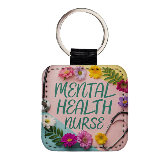 Mental Health Nurse Appreciation Stethoscope Flowers Square Faux Leather Keychain
