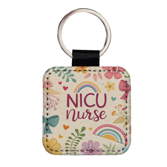 NICU Neonatal Nurse Appreciation Coquette Bows Flowers Square Faux Leather Keychain