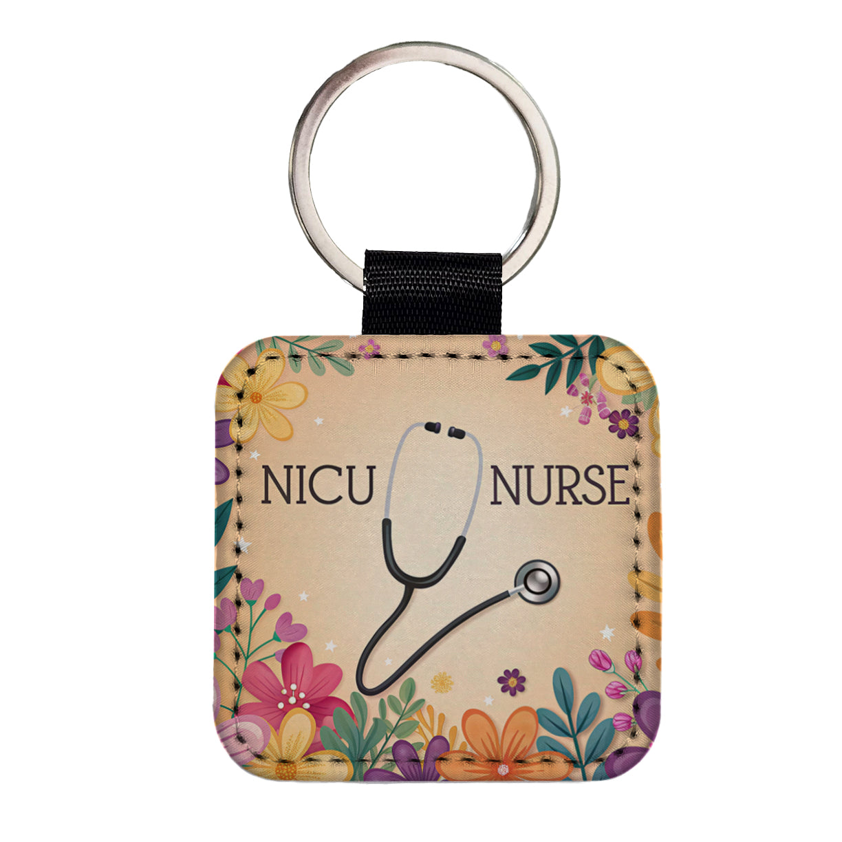 NICU Neonatal Nurse Appreciation Stethoscope Flowers Square Faux Leather Keychain