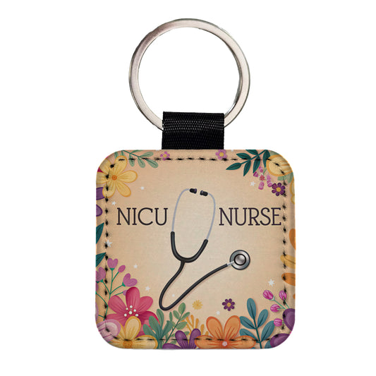 NICU Neonatal Nurse Appreciation Stethoscope Flowers Square Faux Leather Keychain