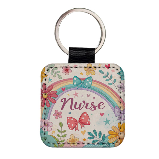 Nurse Appreciation Coquette Bows Flowers Square Faux Leather Keychain