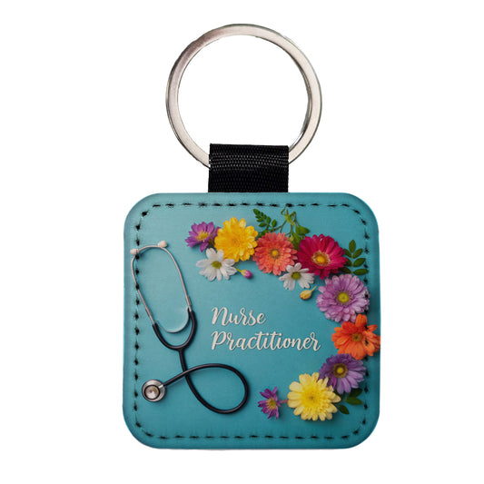 Nurse Practitioner Appreciation Stethoscope Flowers Square Faux Leather Keychain