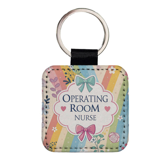 Operating Room Nurse Appreciation Coquette Bows Flowers Square Faux Leather Keychain