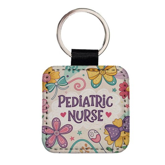 Pediatric Nurse Appreciation Coquette Bows Flowers Square Faux Leather Keychain