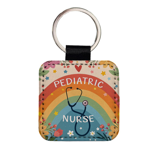 Pediatric Nurse Appreciation Stethoscope Flowers Square Faux Leather Keychain