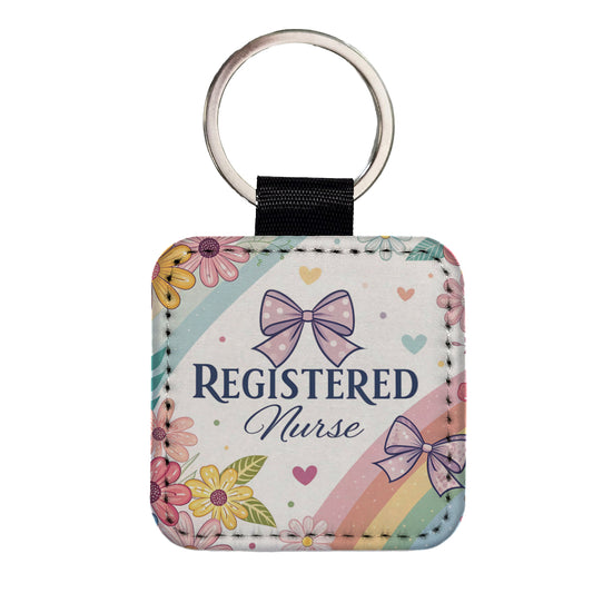 Registered Nurse RN Appreciation Coquette Bows Flowers Floral Square Faux Leather Keychain