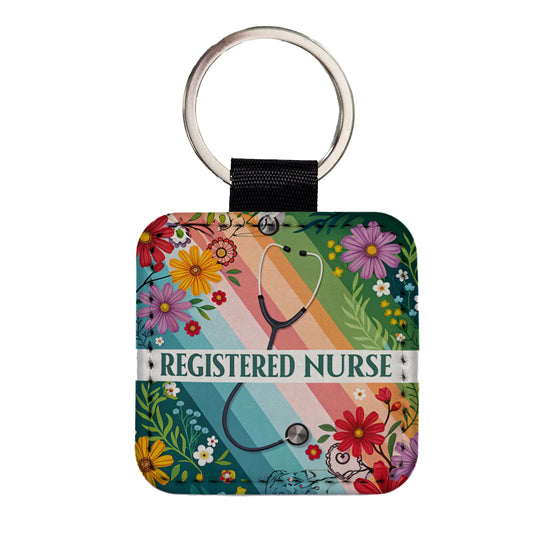 Registered Nurse RN Appreciation Stethoscope Colorful Flowers Square Faux Leather Keychain