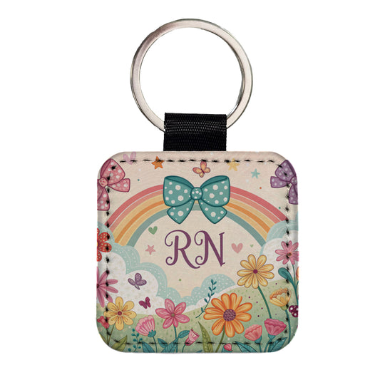 RN Registered Nurse Appreciation Coquette Bows Flowers Square Faux Leather Keychain