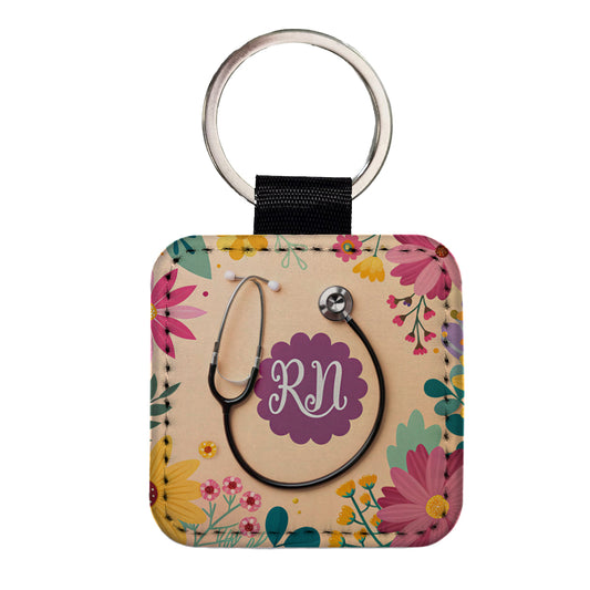 RN Registered Nurse Appreciation Stethoscope Flowers Square Faux Leather Keychain