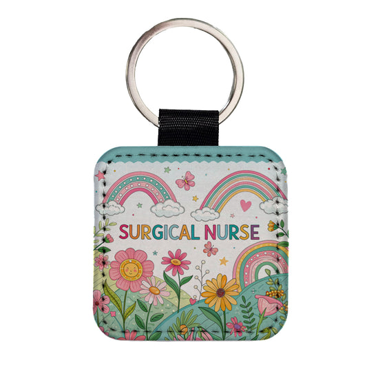 Surgical Nurse Appreciation Coquette Bows Flowers Square Faux Leather Keychain
