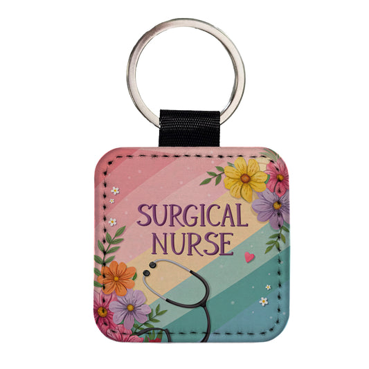 Surgical Nurse Appreciation Stethoscope Flowers Square Faux Leather Keychain