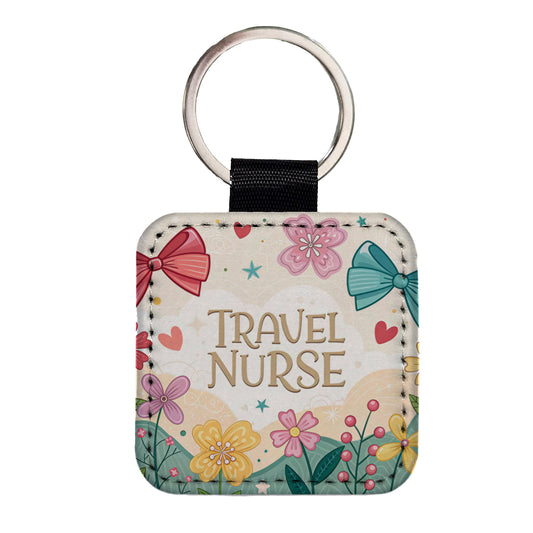 Travel Nurse Appreciation Coquette Bows Flowers Square Faux Leather Keychain