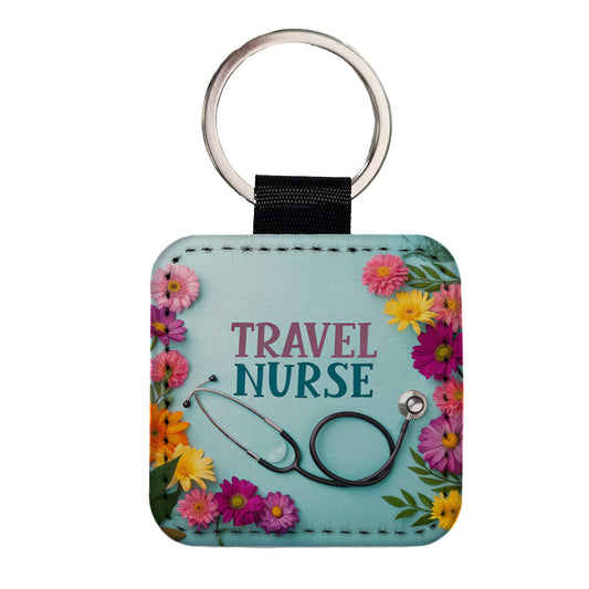 Travel Nurse Appreciation Stethoscope Flowers Square Faux Leather Keychain