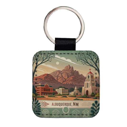 Albuquerque, New Mexico NM Travel City State Stamp Square Faux Leather Keychain