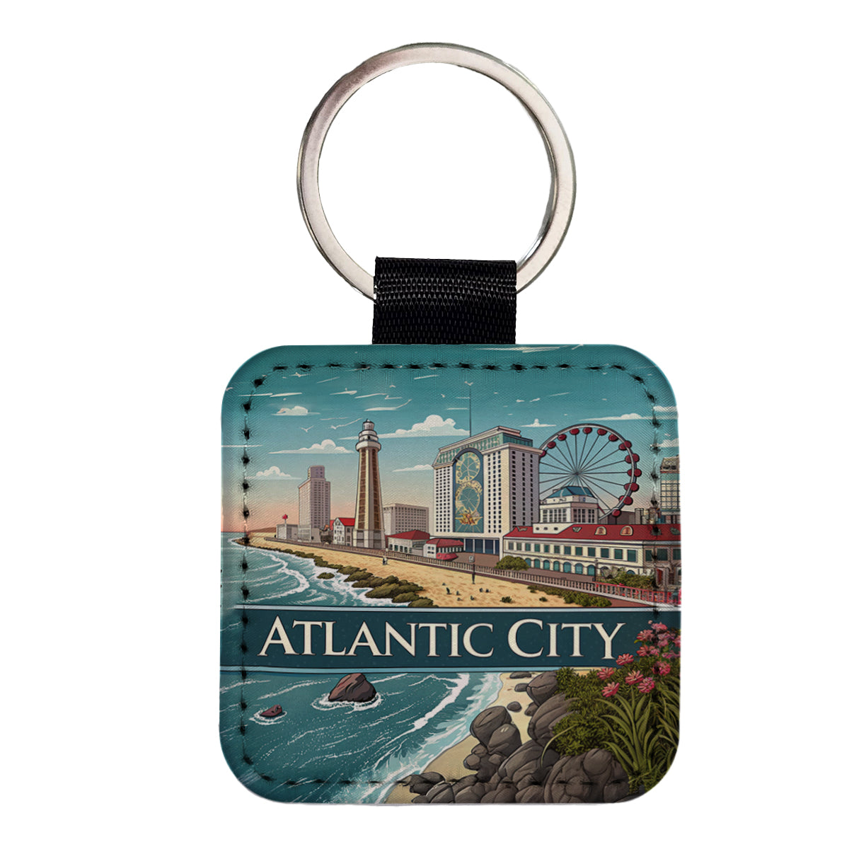 Atlantic City, New Jersey NJ Travel City State Stamp Square Faux Leather Keychain