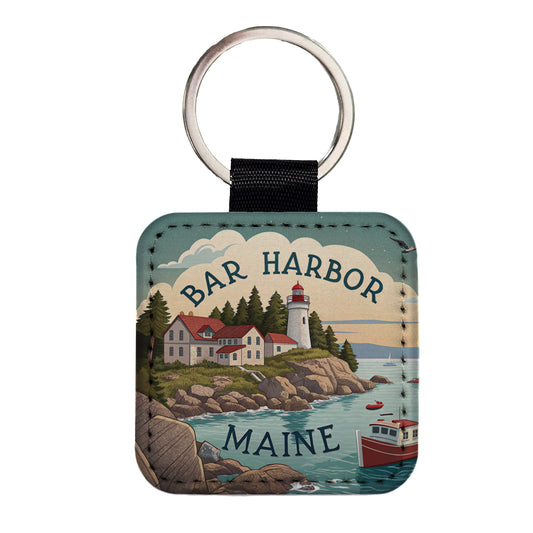 Bar Harbor, Maine ME Travel City State Stamp Square Faux Leather Keychain