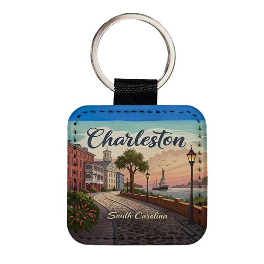 Charleston, South Carolina SC Travel City State Stamp Square Faux Leather Keychain