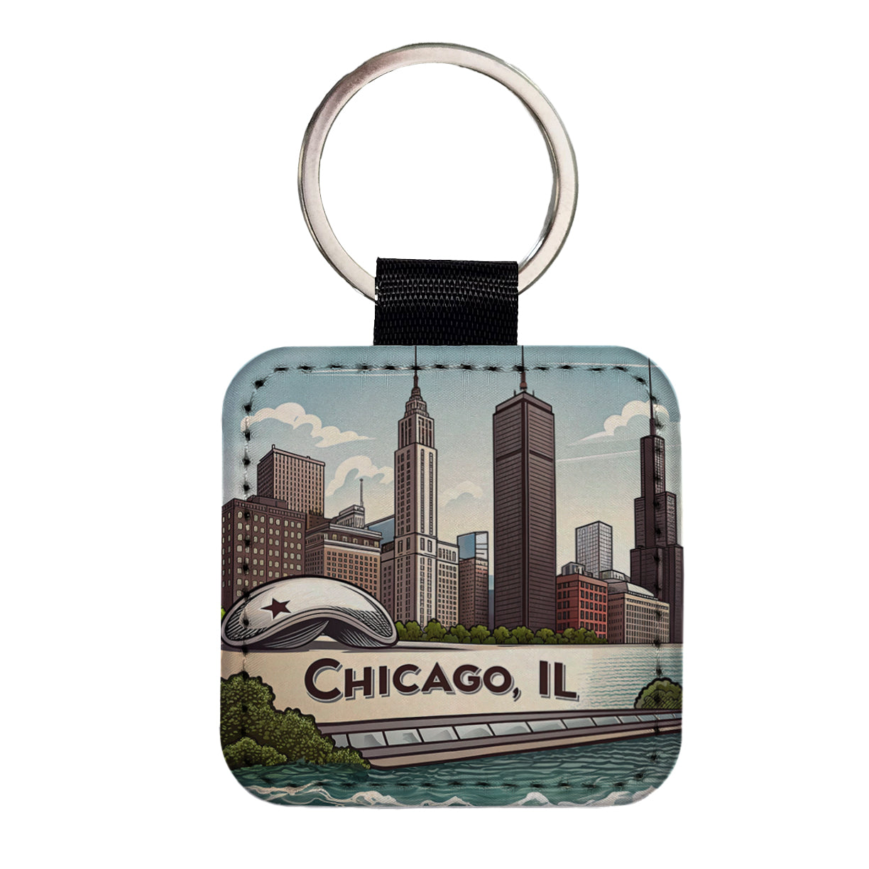 Chicago, Illinois IL Travel City State Stamp Square Faux Leather Keychain
