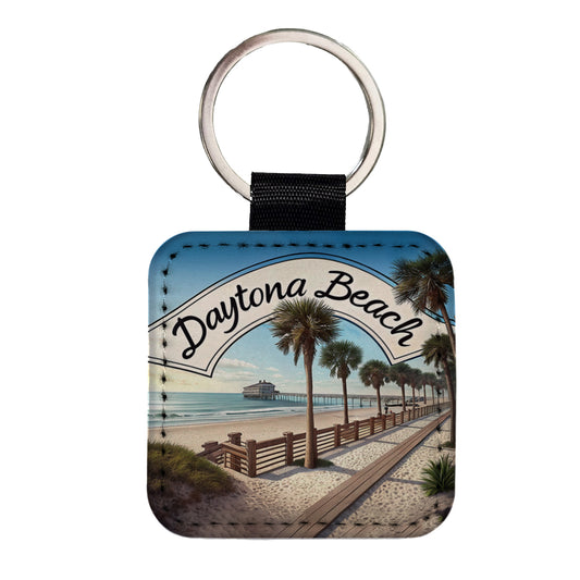 Daytona Beach, Florida FL Travel City State Stamp Square Faux Leather Keychain