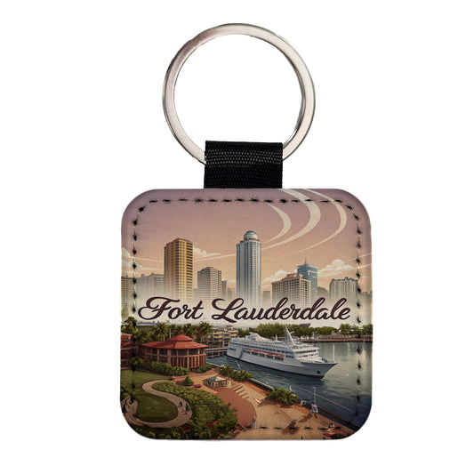 Fort Lauderdale, Florida FL Travel City State Stamp Square Faux Leather Keychain