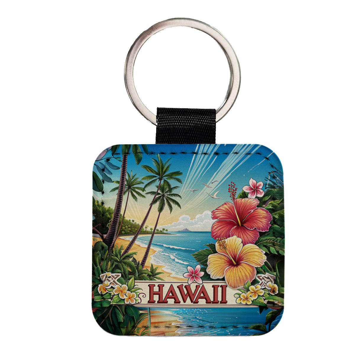 Hawaii HI Travel City State Stamp Square Faux Leather Keychain